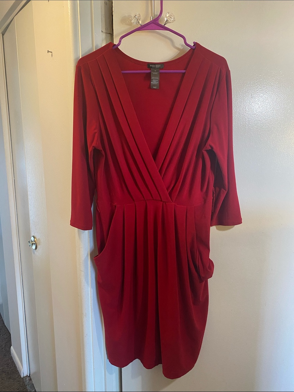 Bisou Bisou Red Faux-Wrap Midi Dress with Pleated Bodice